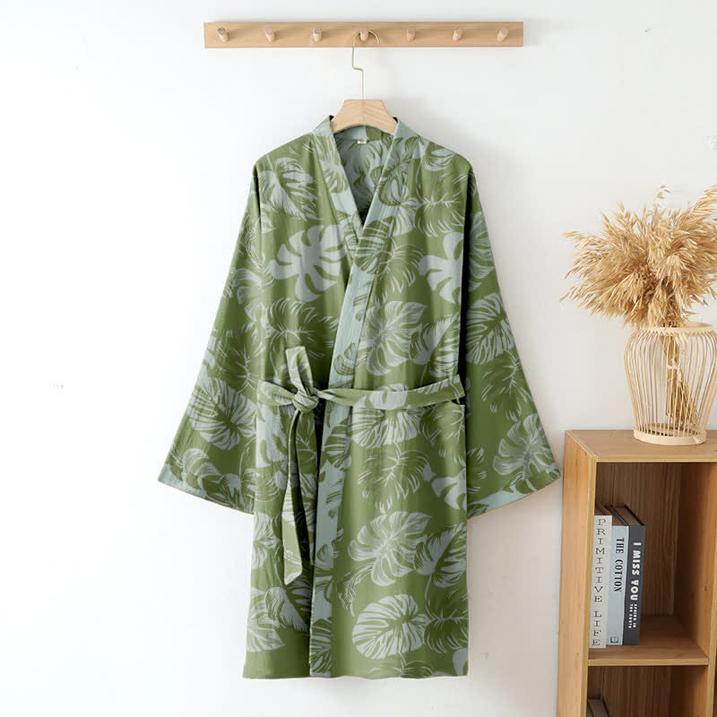 Monstera Print Cotton Gauze Kimono Robe