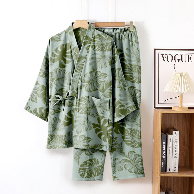 Monstera Cotton Gauze Kimono Loungewear Set