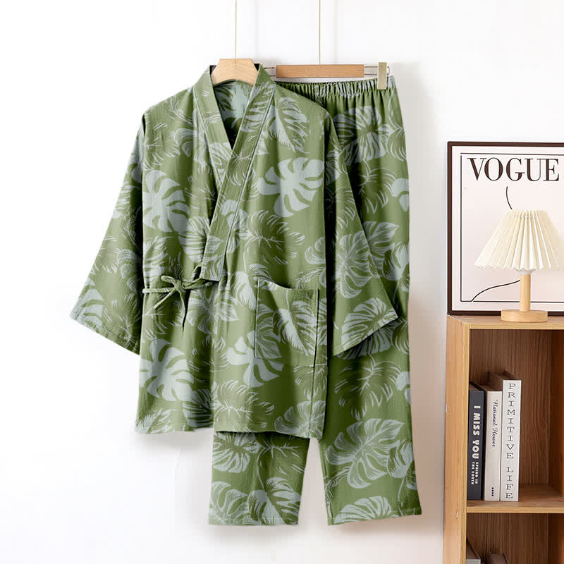 Monstera Cotton Gauze Kimono Loungewear Set