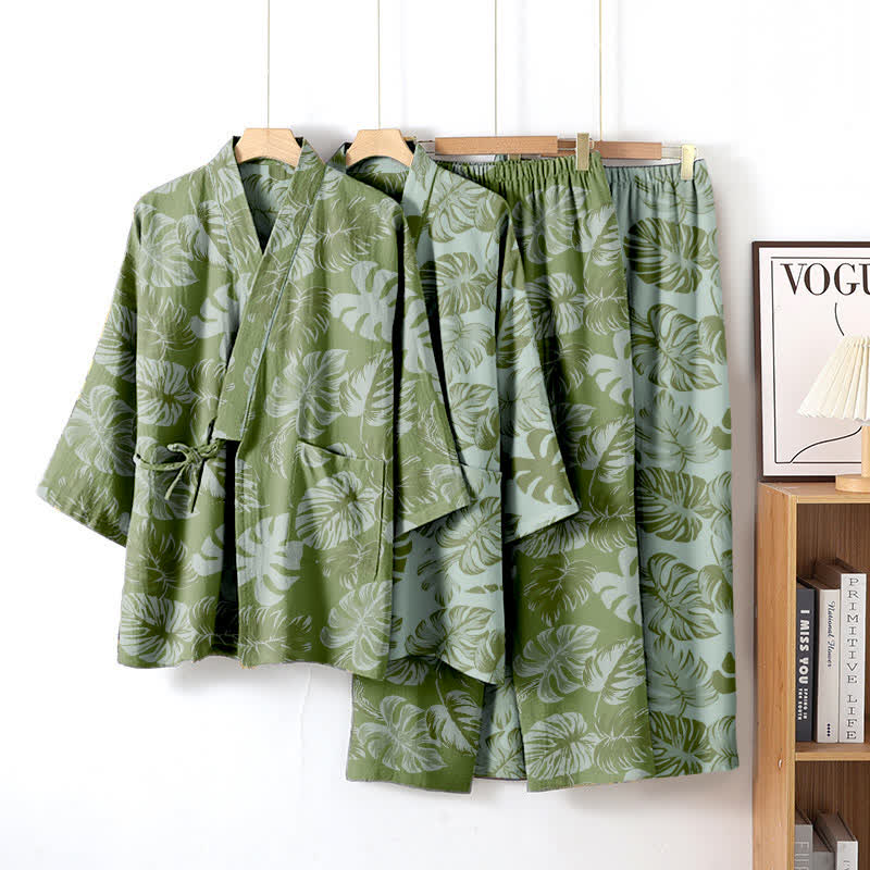 Monstera Cotton Gauze Kimono Loungewear Set