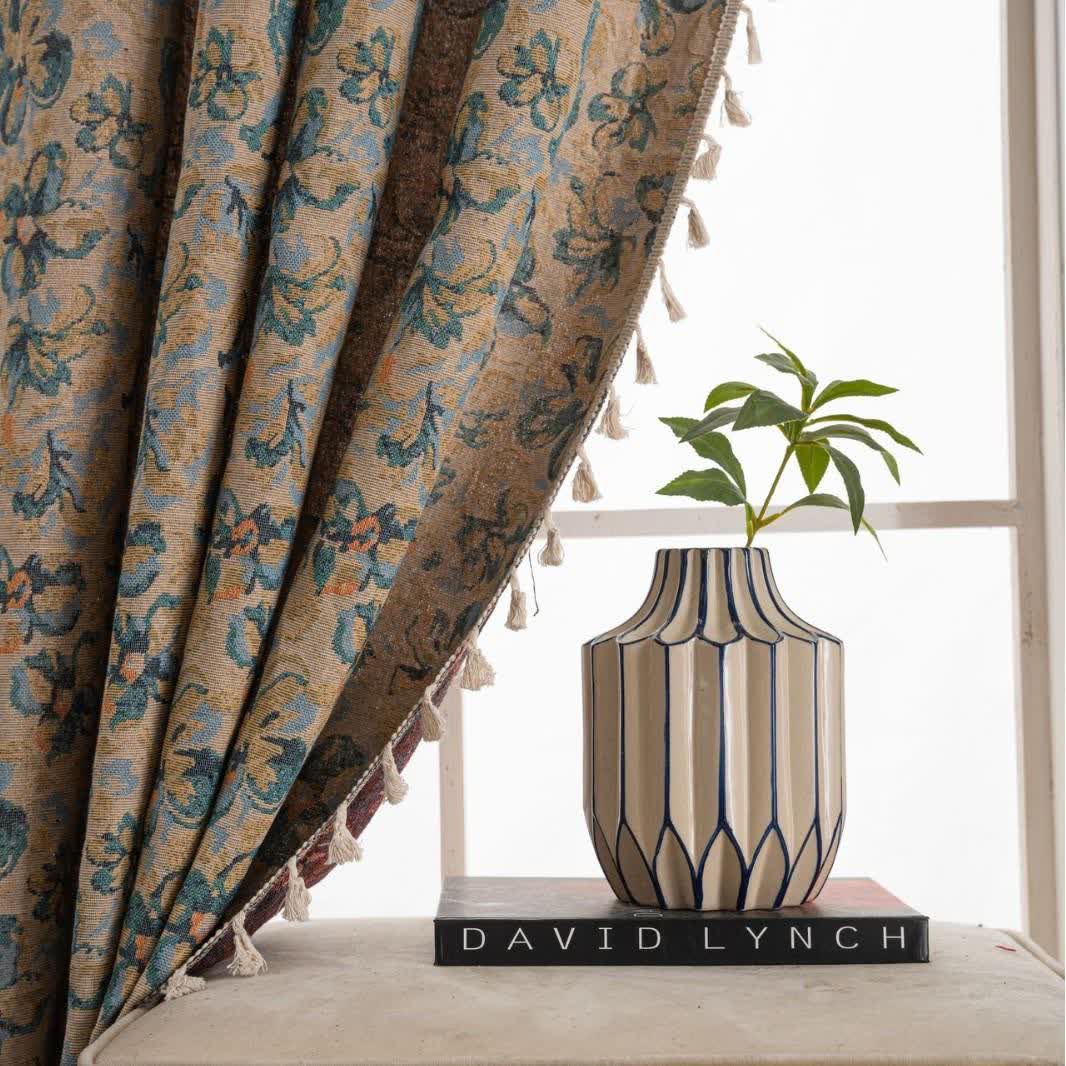Rustic Blue Floral Light Filtering Curtain