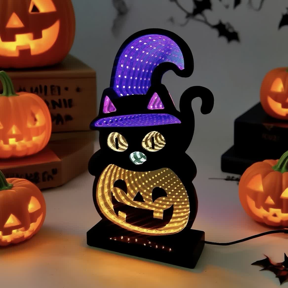 3D Black Cat Pumpkin Infinity Lights