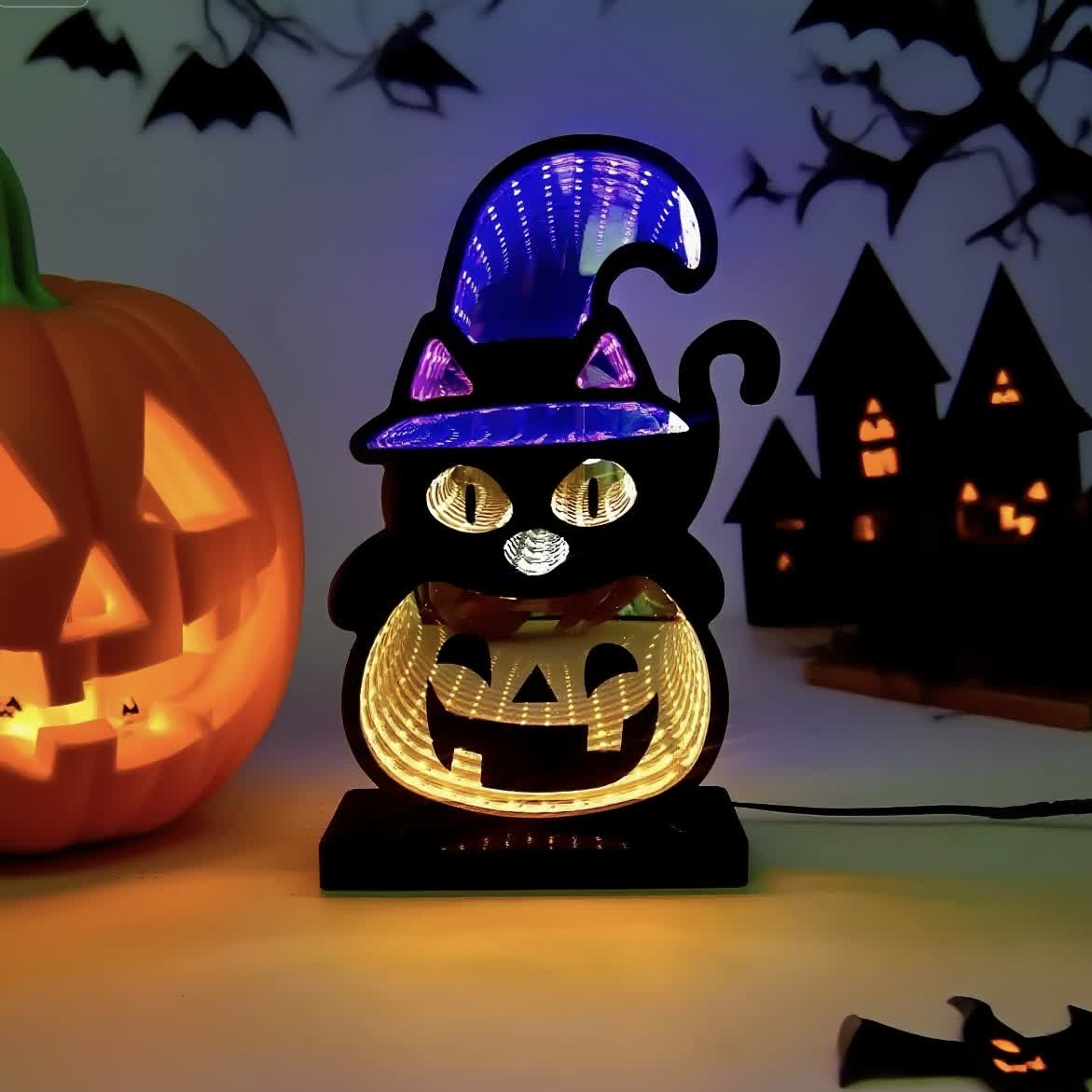3D Black Cat Pumpkin Infinity Lights