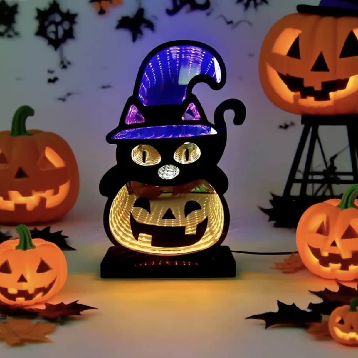 3D Black Cat Pumpkin Infinity Lights
