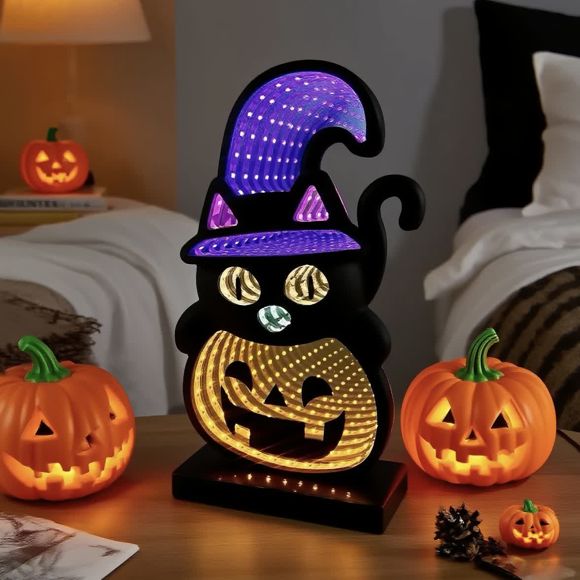 3D Black Cat Pumpkin Infinity Lights