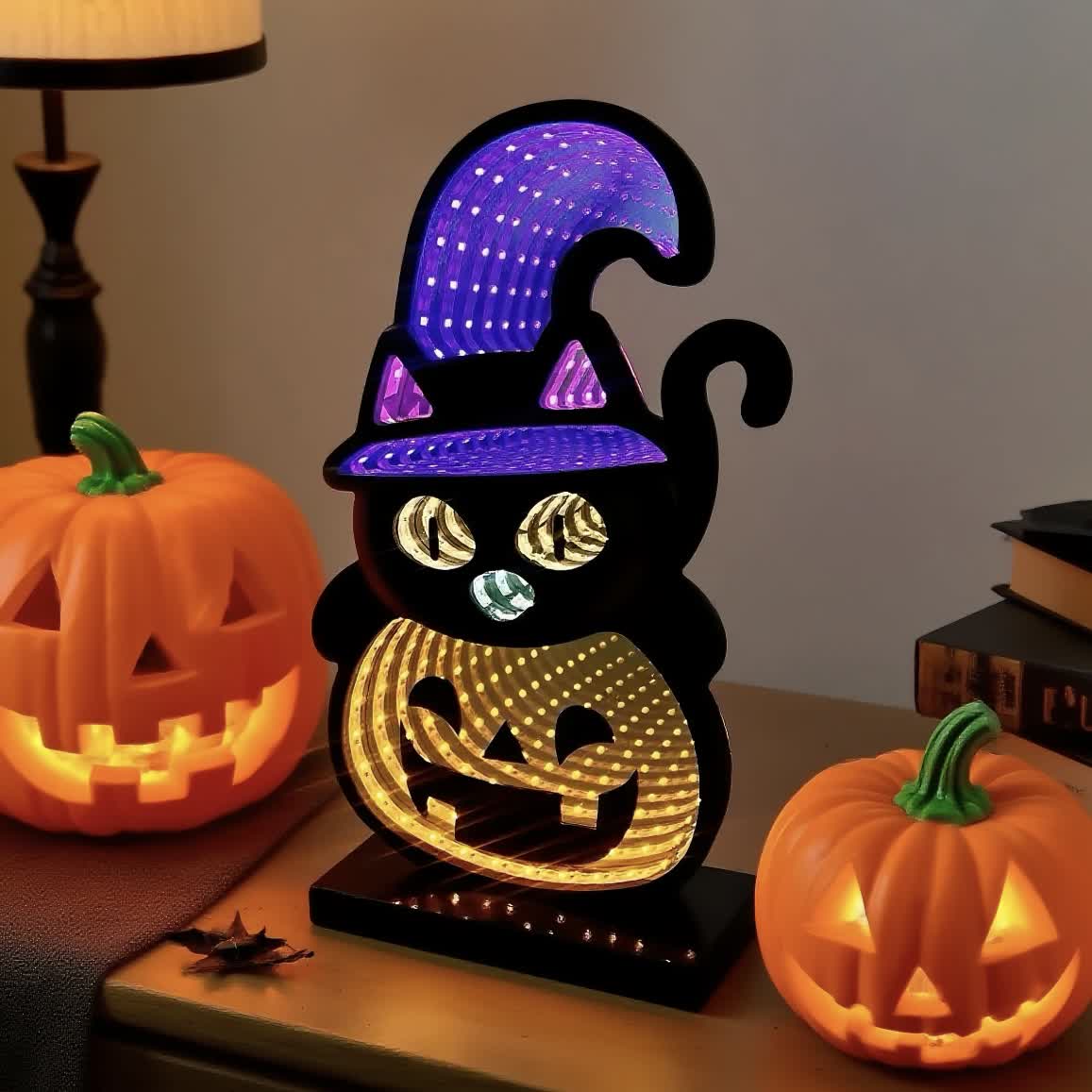 3D Black Cat Pumpkin Infinity Lights