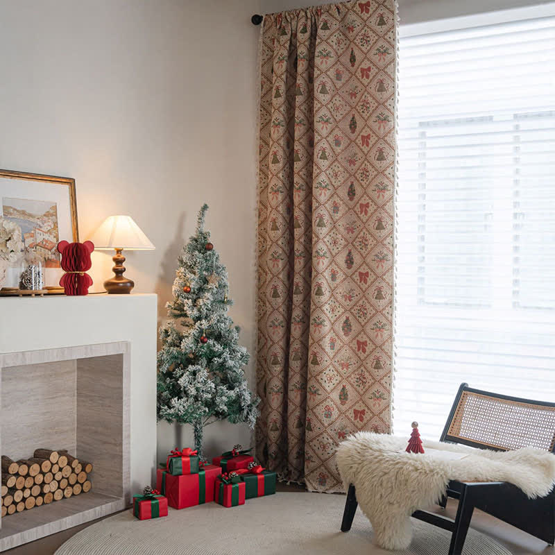 Christmas Tree & Bow Print Holiday Curtain