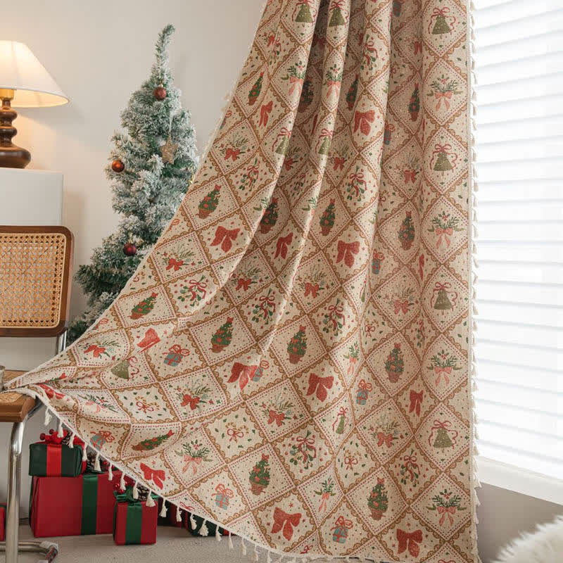 Christmas Tree & Bow Print Holiday Curtain