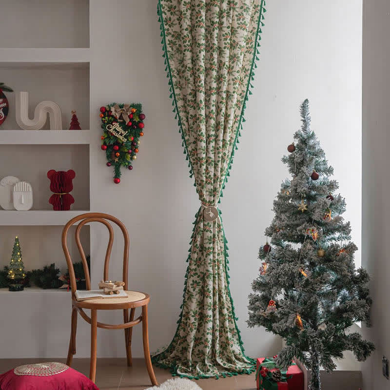 Christmas Holly Leaf Print Curtain