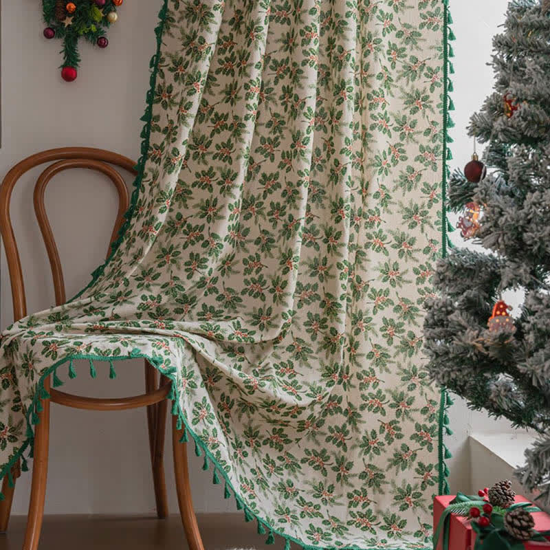 Christmas Holly Leaf Print Curtain