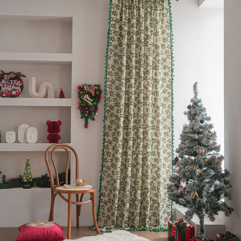 Christmas Holly Leaf Print Curtain