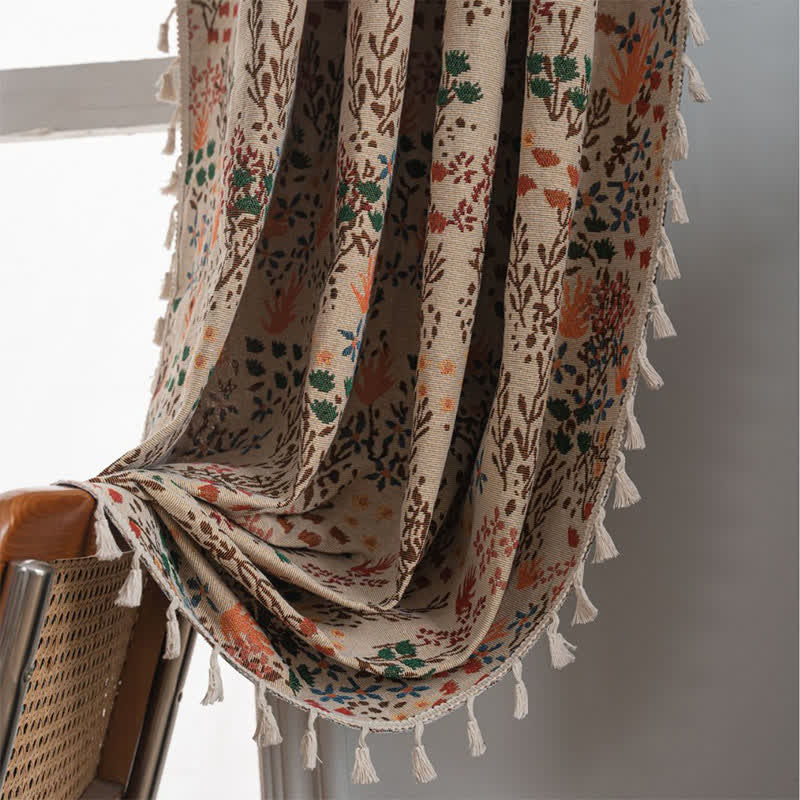 Nature-inspired Leaf Jacquard Tassel Curtain