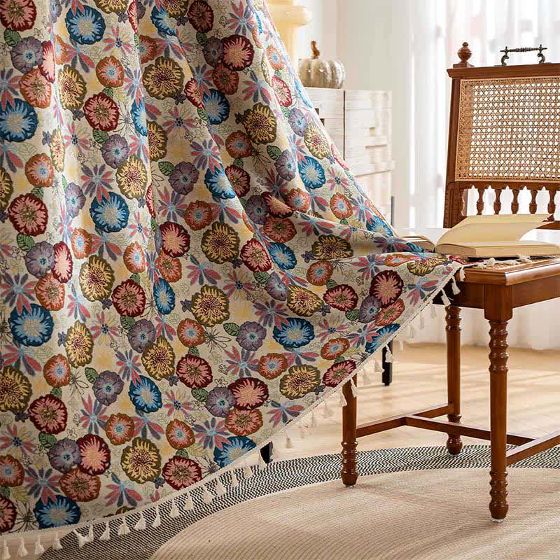 Artistic Floral Jacquard Tassel Curtain