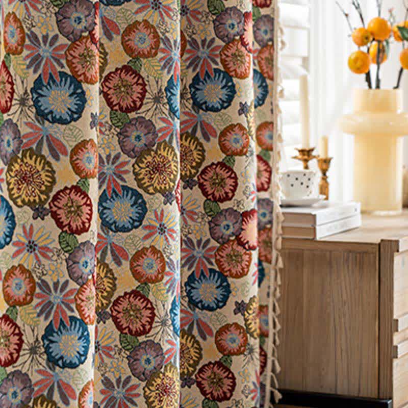 Artistic Floral Jacquard Tassel Curtain