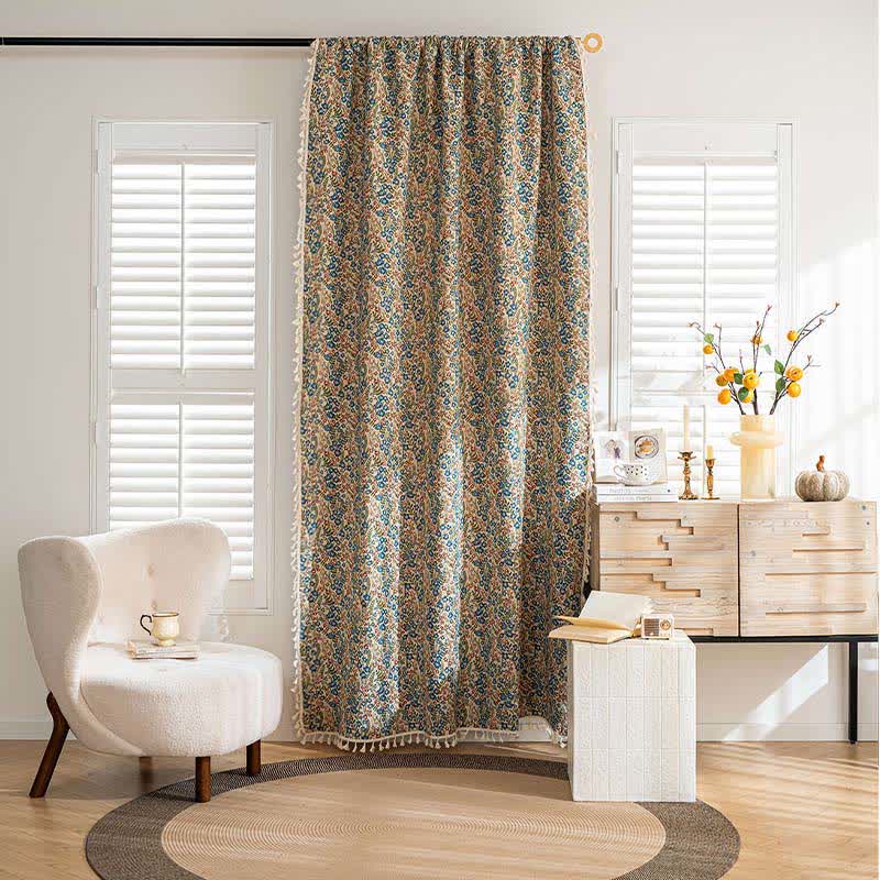 Blue Floral Jacquard Tassel Curtain