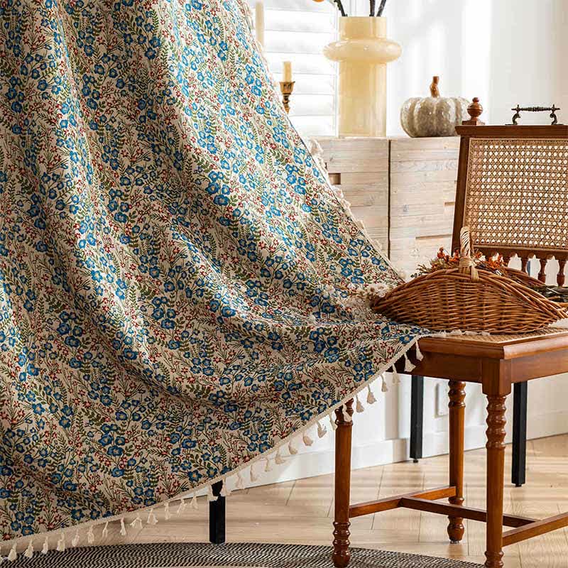 Blue Floral Jacquard Tassel Curtain