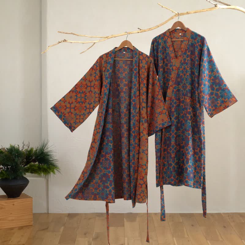 Retro Geometric Pattern Cotton Kimono Robe