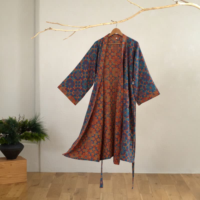 Retro Geometric Pattern Cotton Kimono Robe