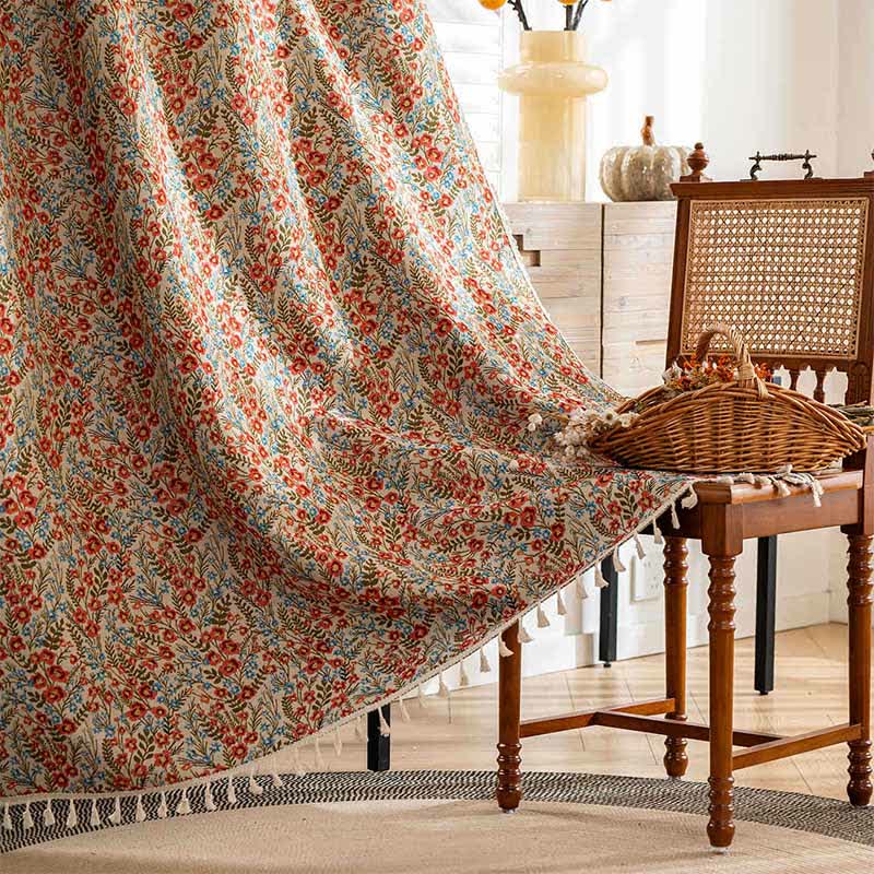 Country Style Red Floral Tassel Curtain
