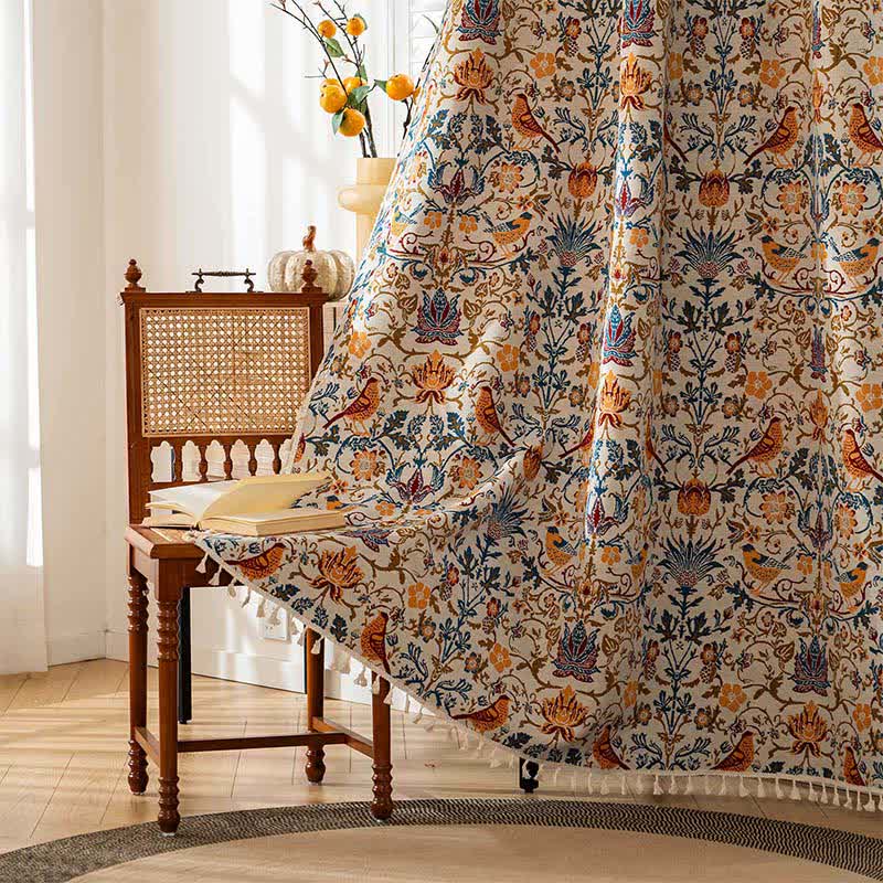 Vintage Botanical Bird Tassel Curtain