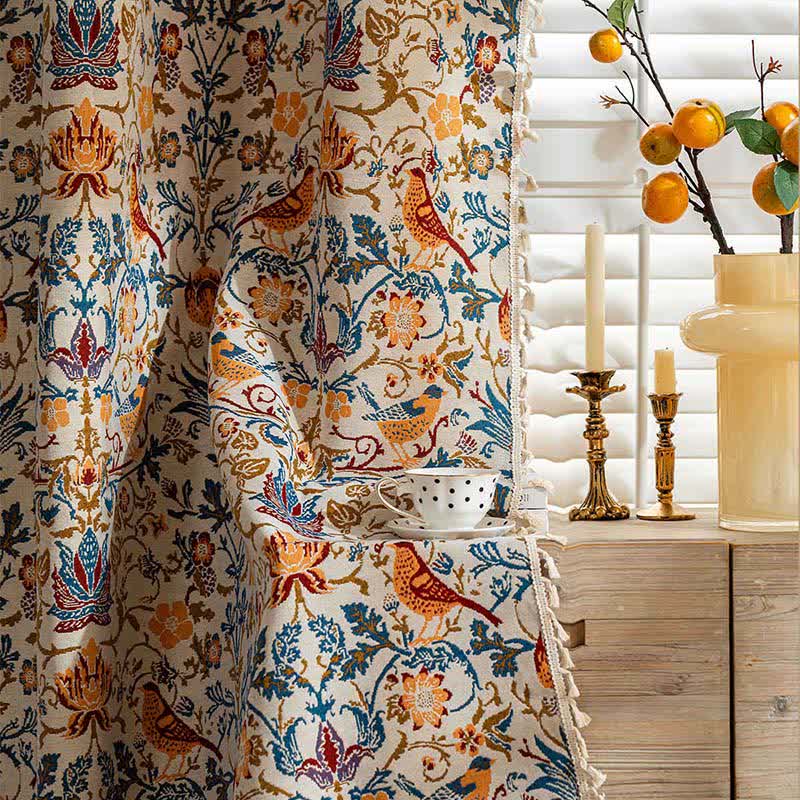 Vintage Botanical Bird Tassel Curtain