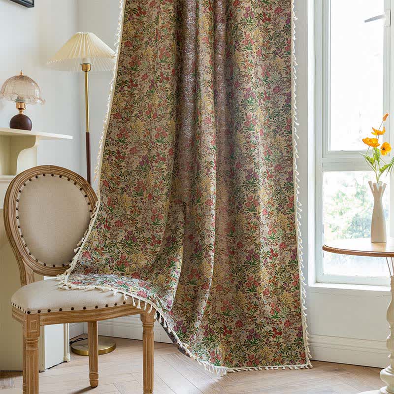 Painterly Vintage Floral Tassel Curtain