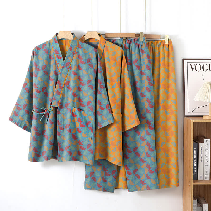 Ginkgo Leaf Cotton Kimono Loungewear Set
