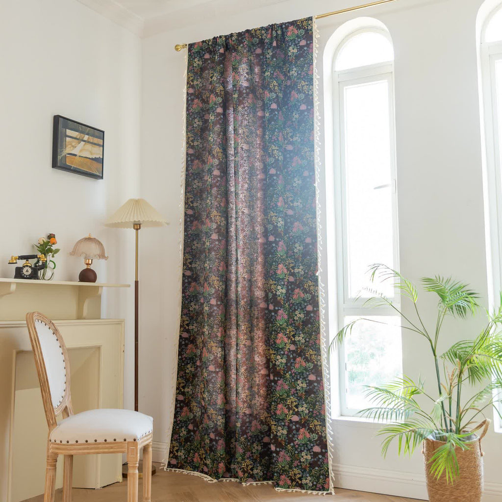 Retro Floral Branch Leaf Tassel Curtain