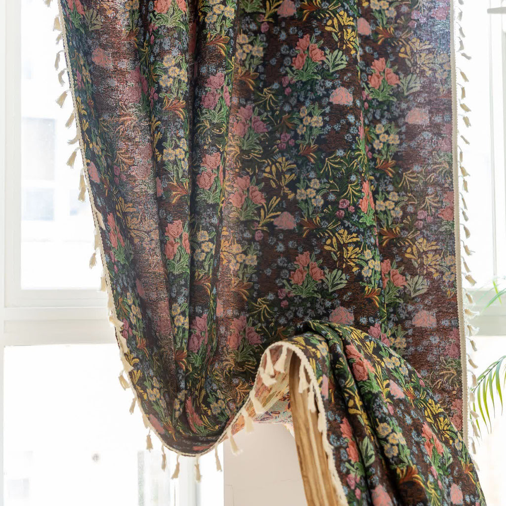 Retro Floral Branch Leaf Tassel Curtain