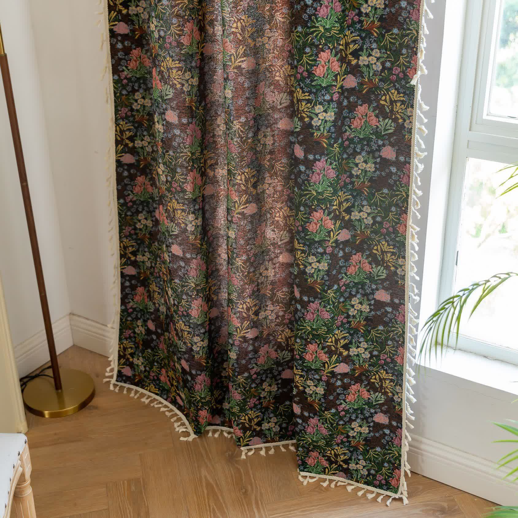 Retro Floral Branch Leaf Tassel Curtain