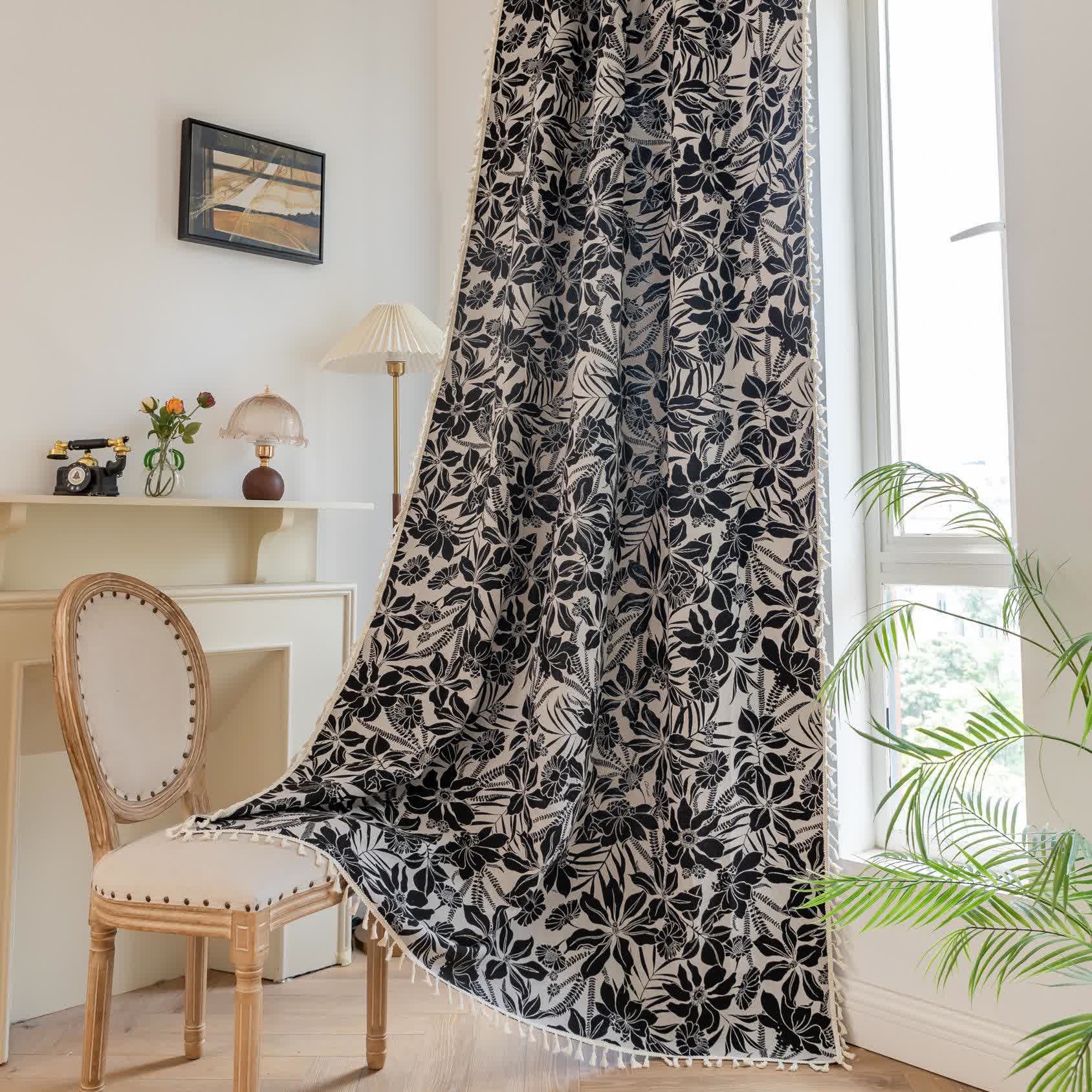 Vintage Black Floral Tassel Curtain
