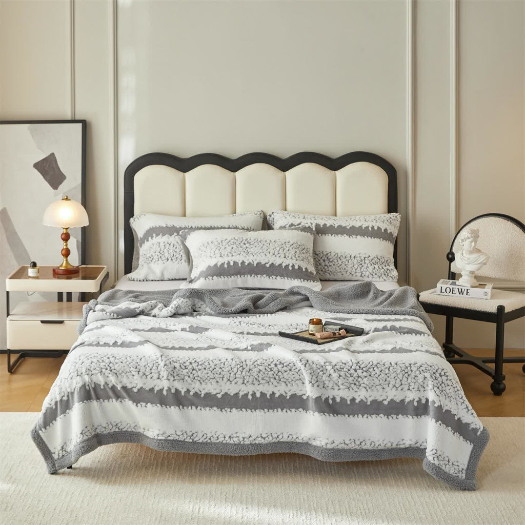Double Layer Striped Print Sherpa Blanket