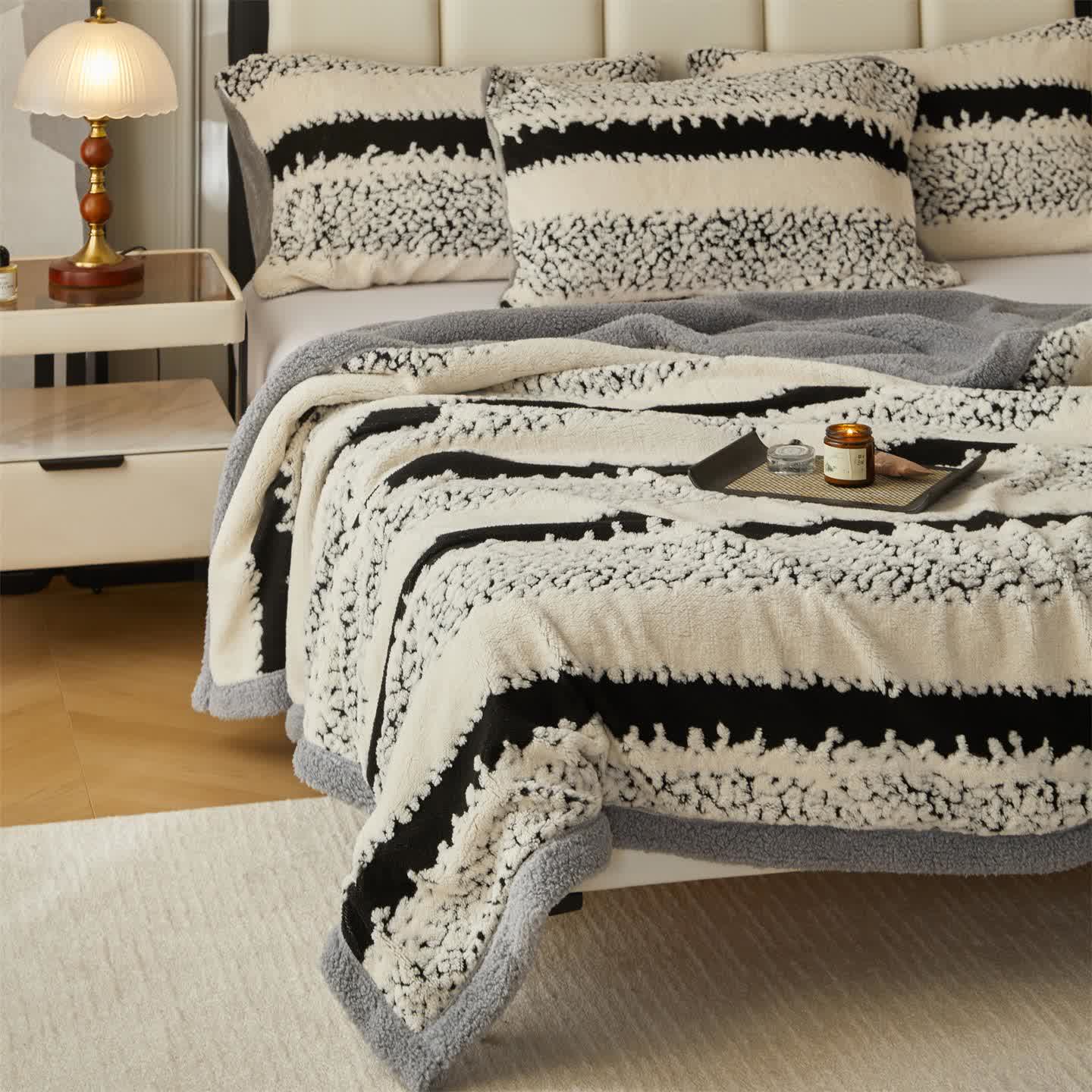 Double Layer Striped Print Sherpa Blanket