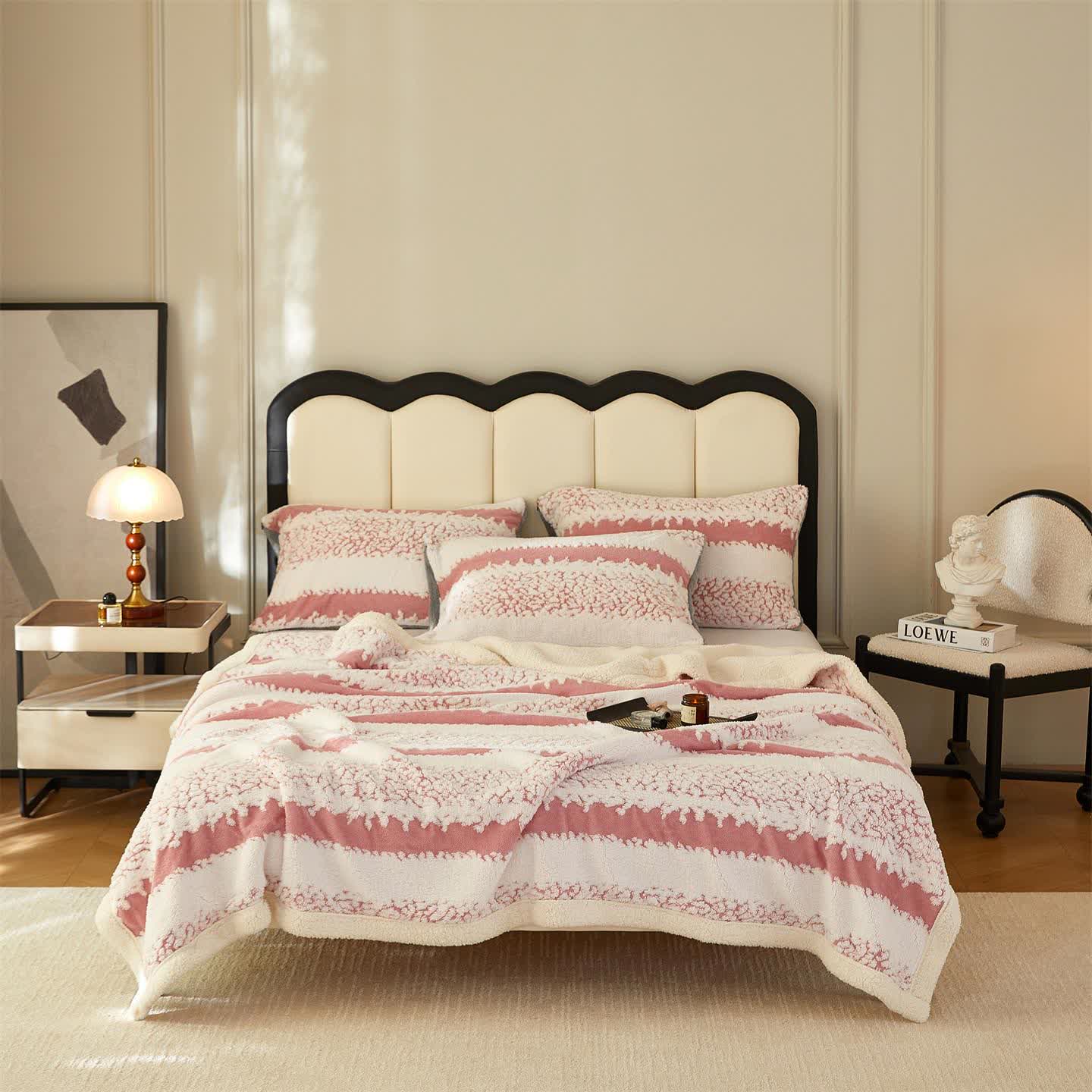 Double Layer Striped Print Sherpa Blanket