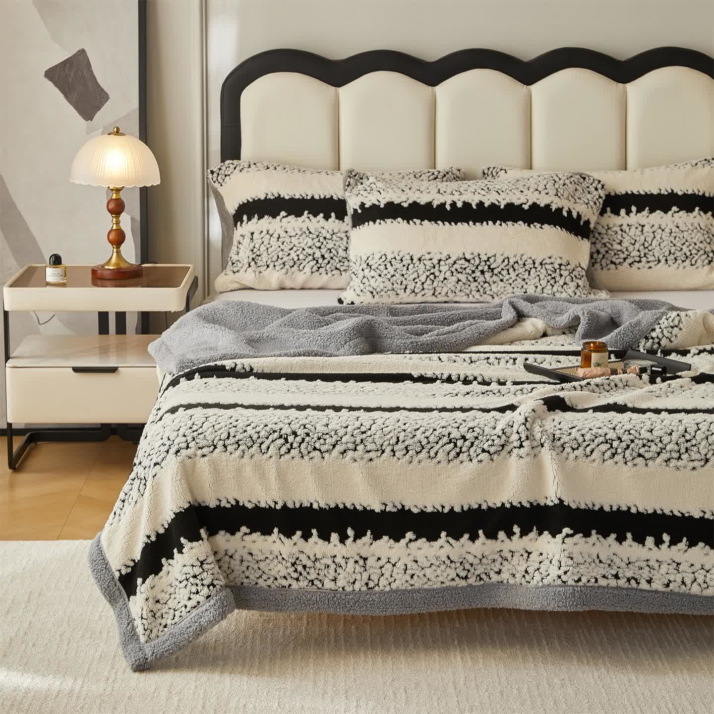 Double Layer Striped Print Sherpa Blanket
