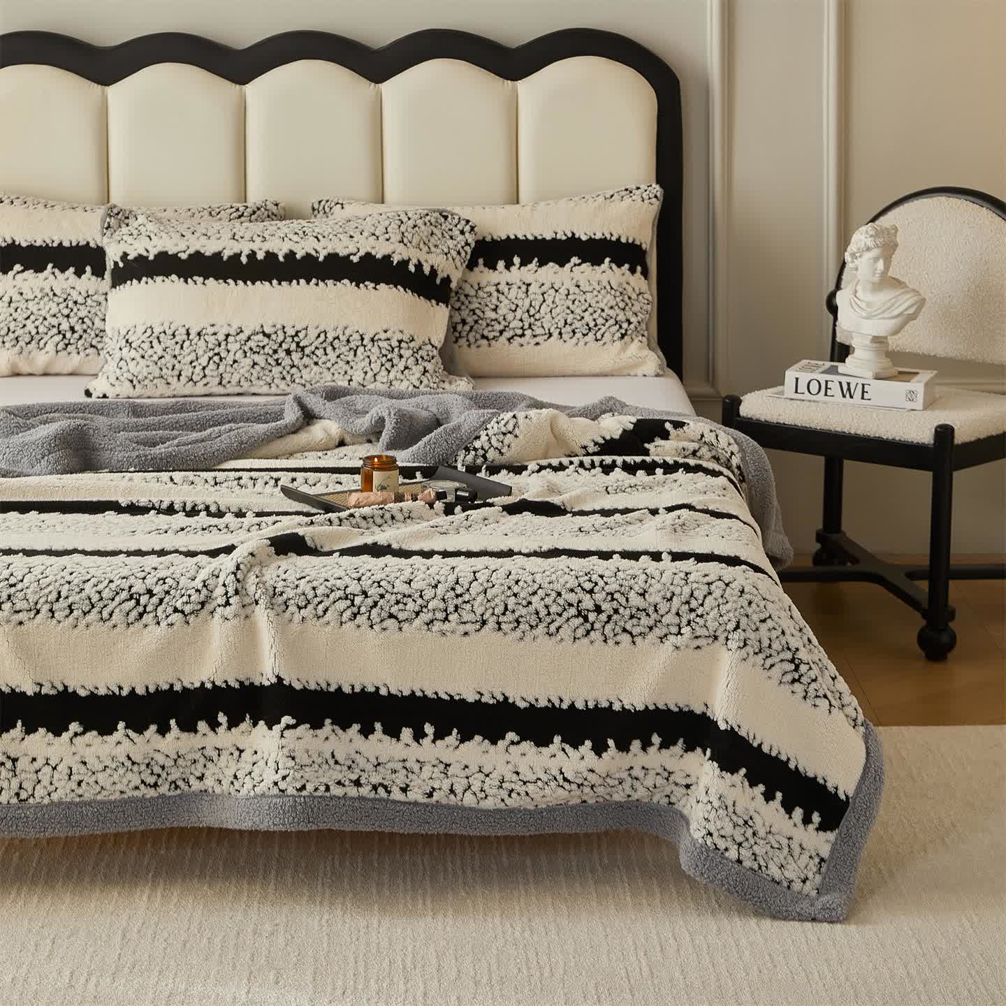 Double Layer Striped Print Sherpa Blanket