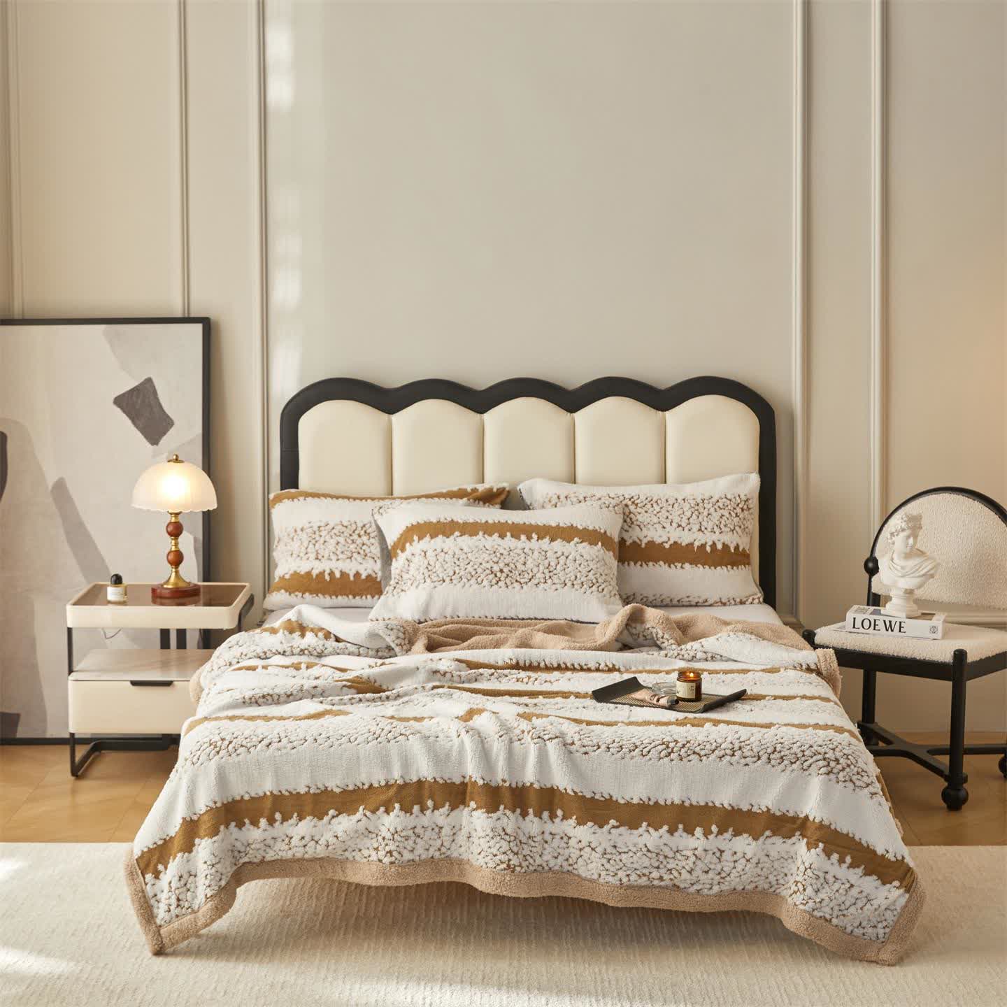 Double Layer Striped Print Sherpa Blanket