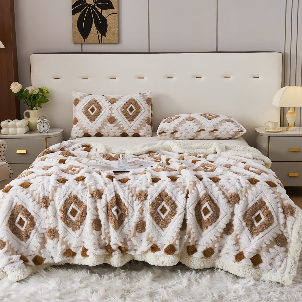 Bohemian Style Jacquard Sherpa Throw Blanket