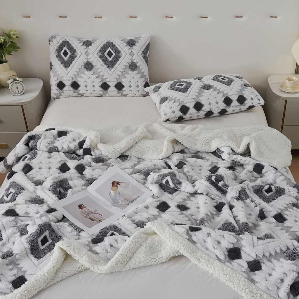 Bohemian Style Jacquard Sherpa Throw Blanket