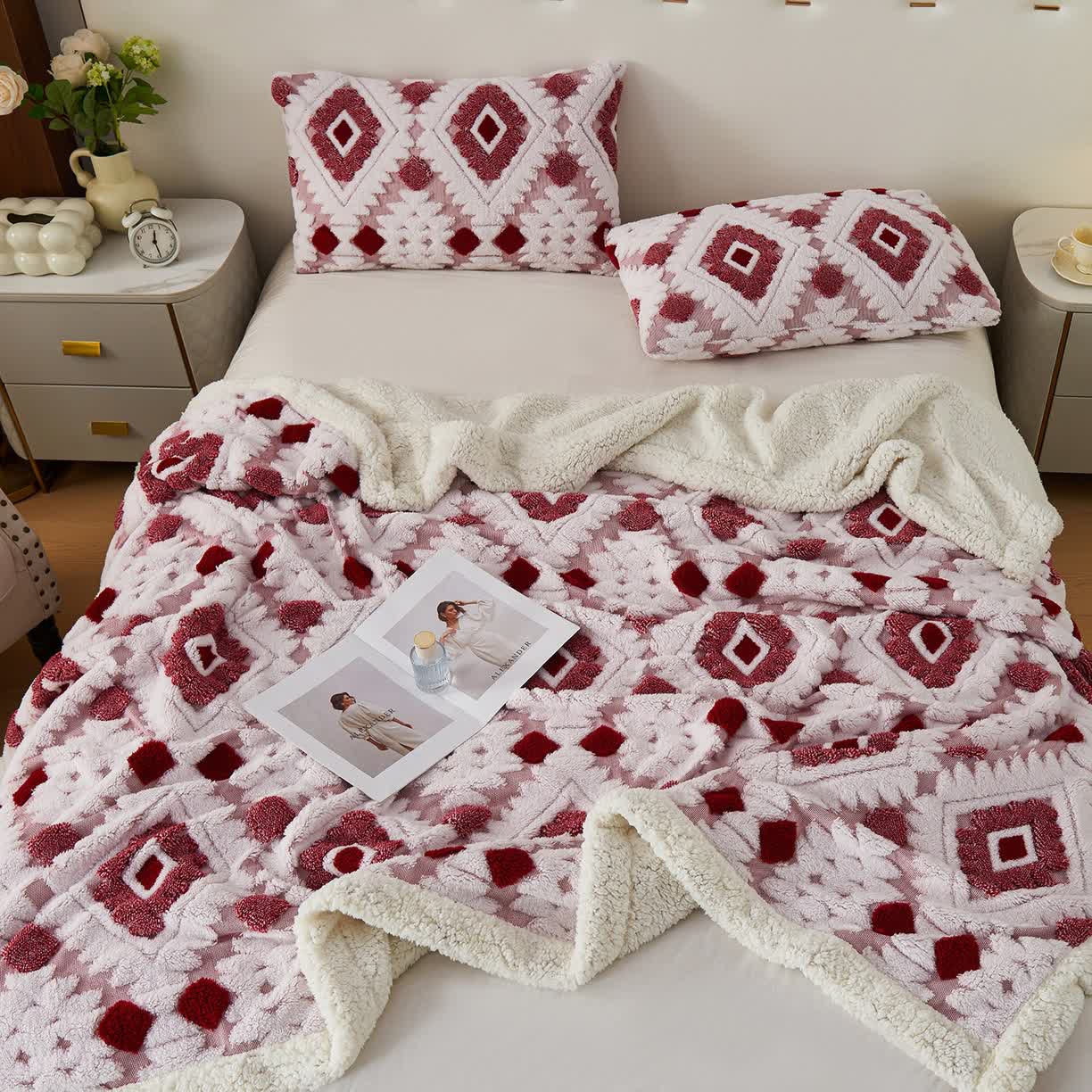 Bohemian Style Jacquard Sherpa Throw Blanket
