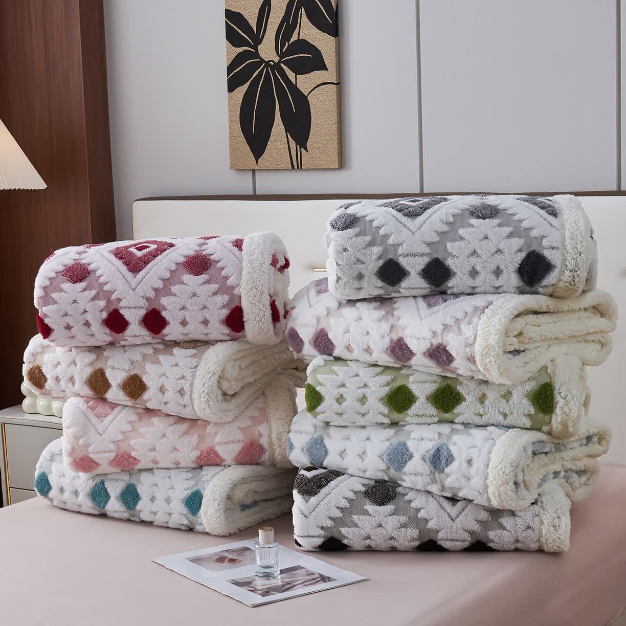 Bohemian Style Jacquard Sherpa Throw Blanket