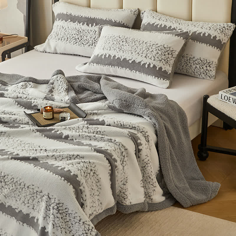 Double Layer Striped Print Sherpa Blanket