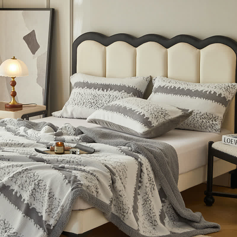Double Layer Striped Print Sherpa Blanket