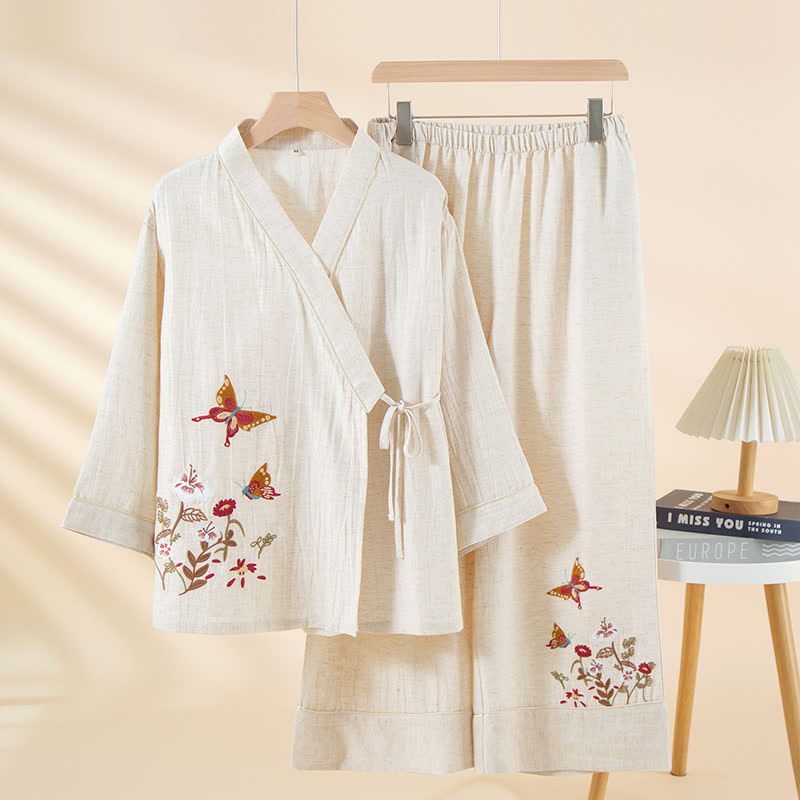 Butterfly Floral Embroidered Kimono Loungewear Set