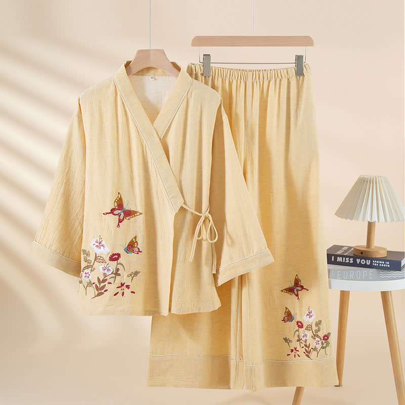 Butterfly Floral Embroidered Kimono Loungewear Set