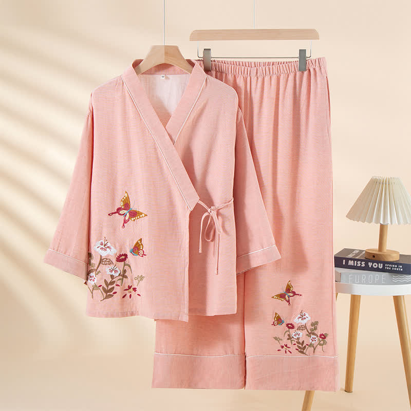 Butterfly Floral Embroidered Kimono Loungewear Set