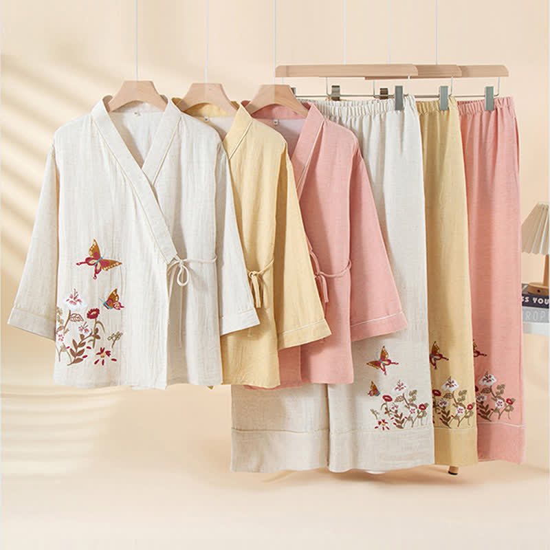 Butterfly Floral Embroidered Kimono Loungewear Set