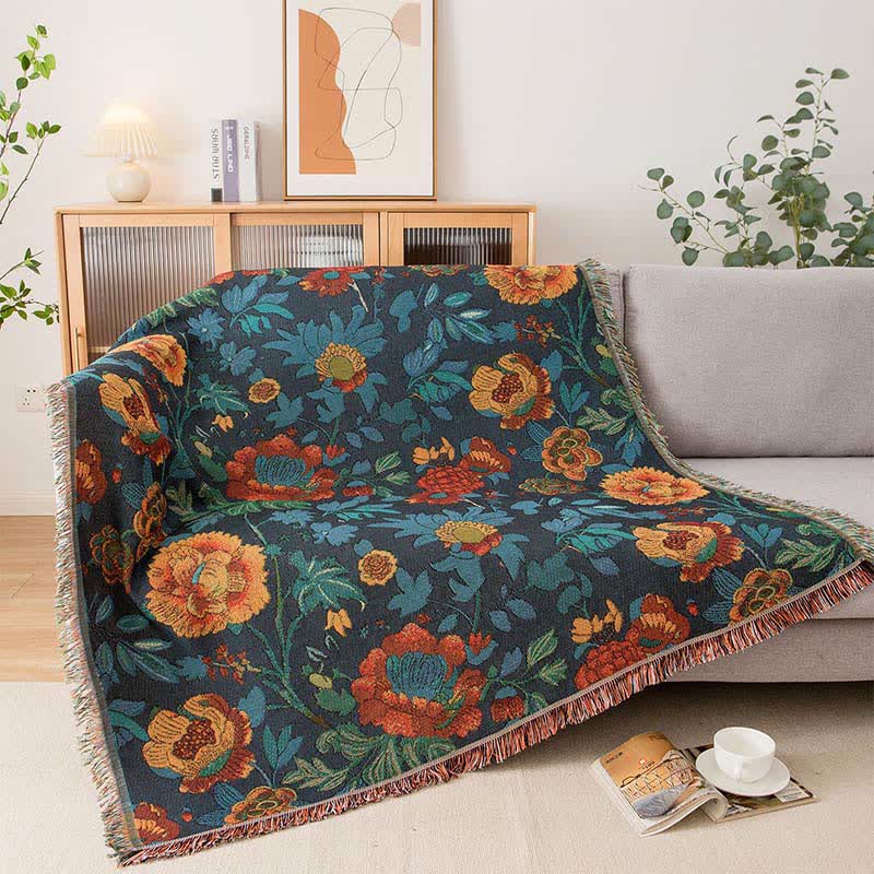 Retro Yellow Floral Sofa Throw Blanket