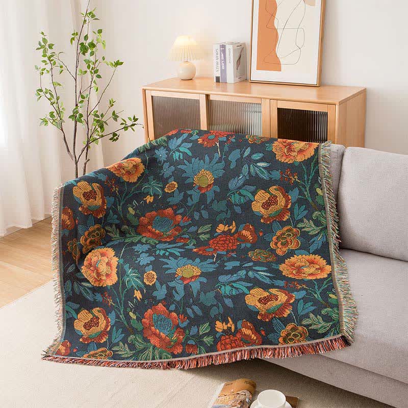 Retro Yellow Floral Sofa Throw Blanket