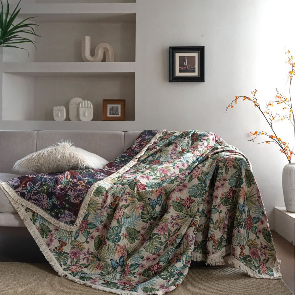 Tropical Monstera Butterfly Sofa Throw Blanket